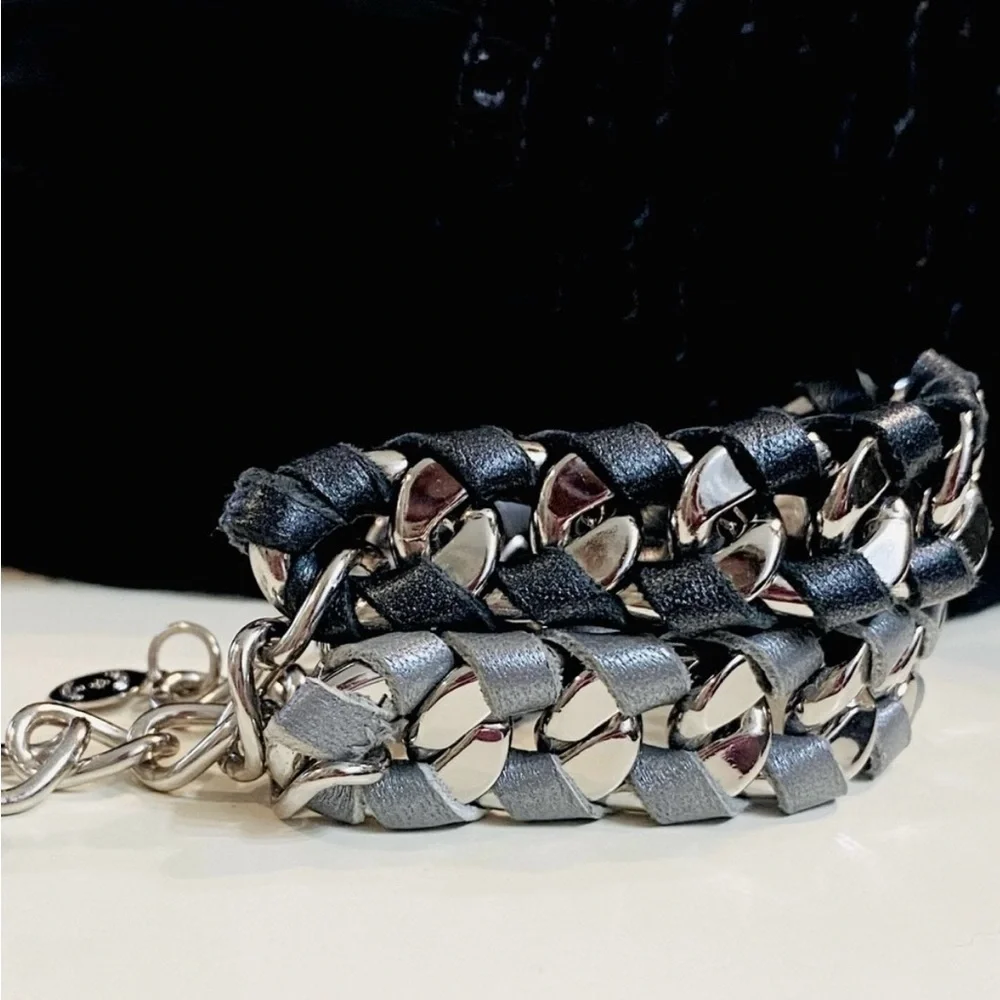 J Elliot MENS set of 2 Silver  Curb Chain Black & Grey Leather Bracelets FIRM